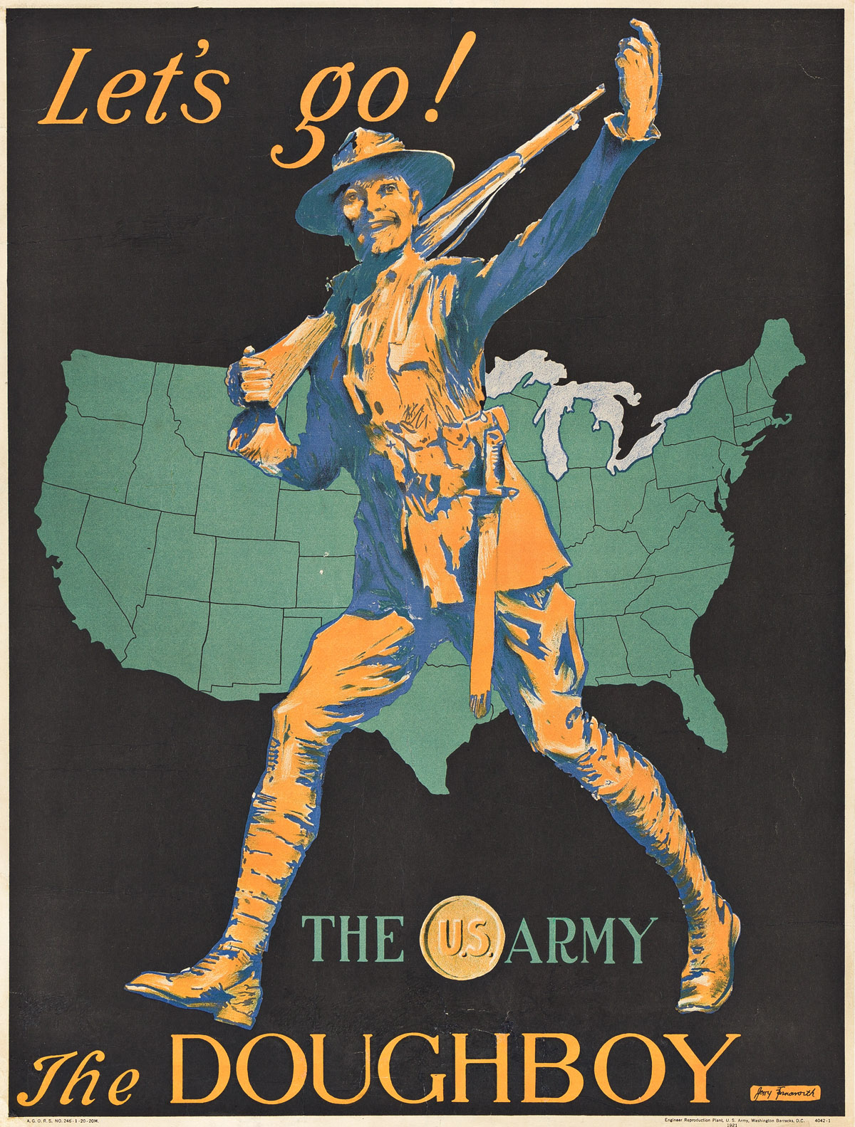 JERRY FARNSWORTH (1895-1983).  LETS GO! THE U.S. ARMY / THE DOUGHBOY. 1921. 24¼x18½ inches, 61½x47 cm. U.S. Army Engineer Reproduction